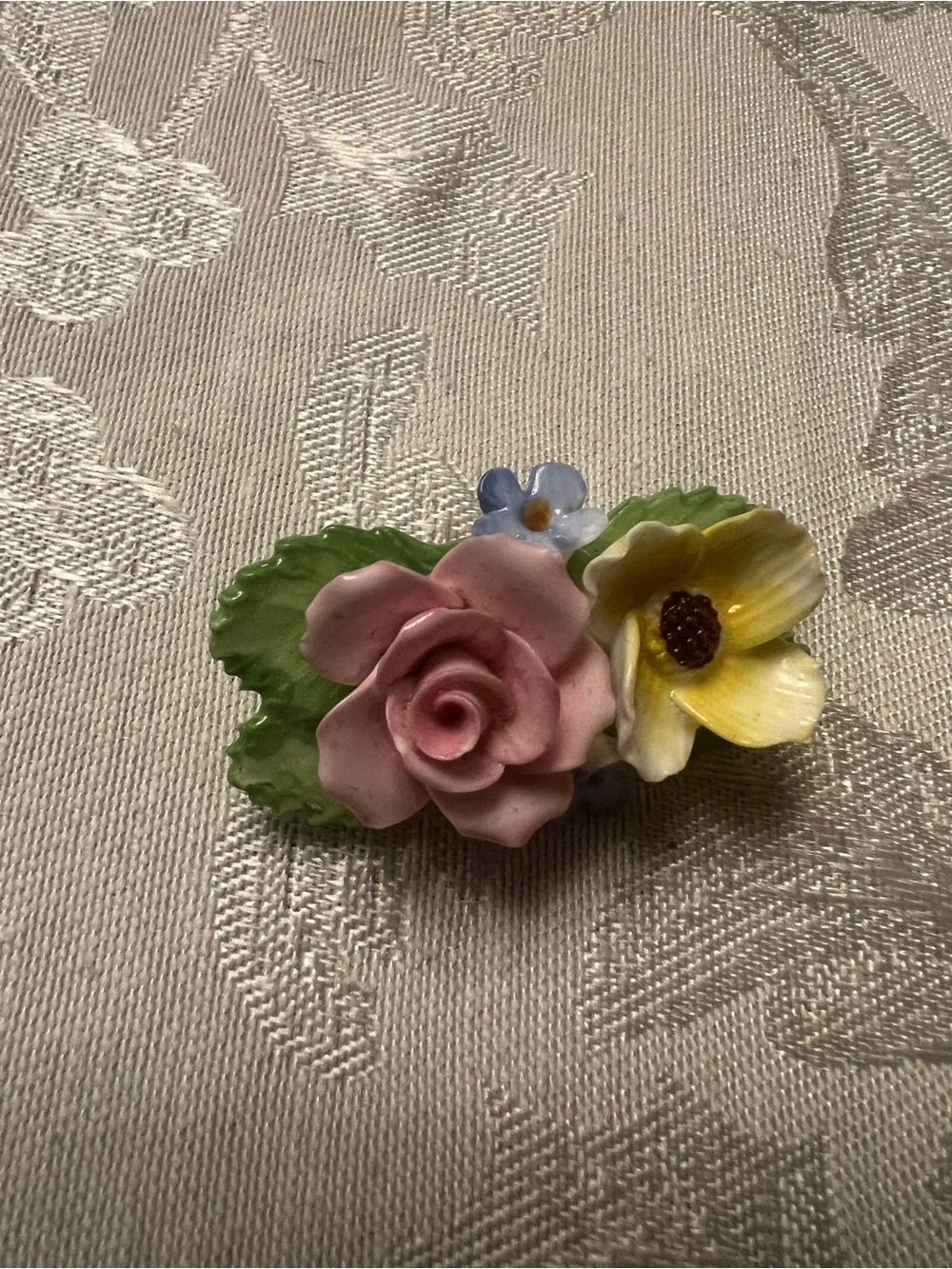 Porcelain Floral Brooch in Pink, Yellow and Green
